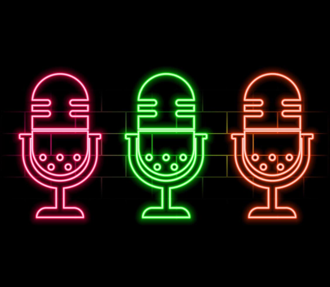Neon Microphone sign. Glowing microphone icon for podcast, stand up or music show emblem. Retro mic in neon style. illustration..pink vector