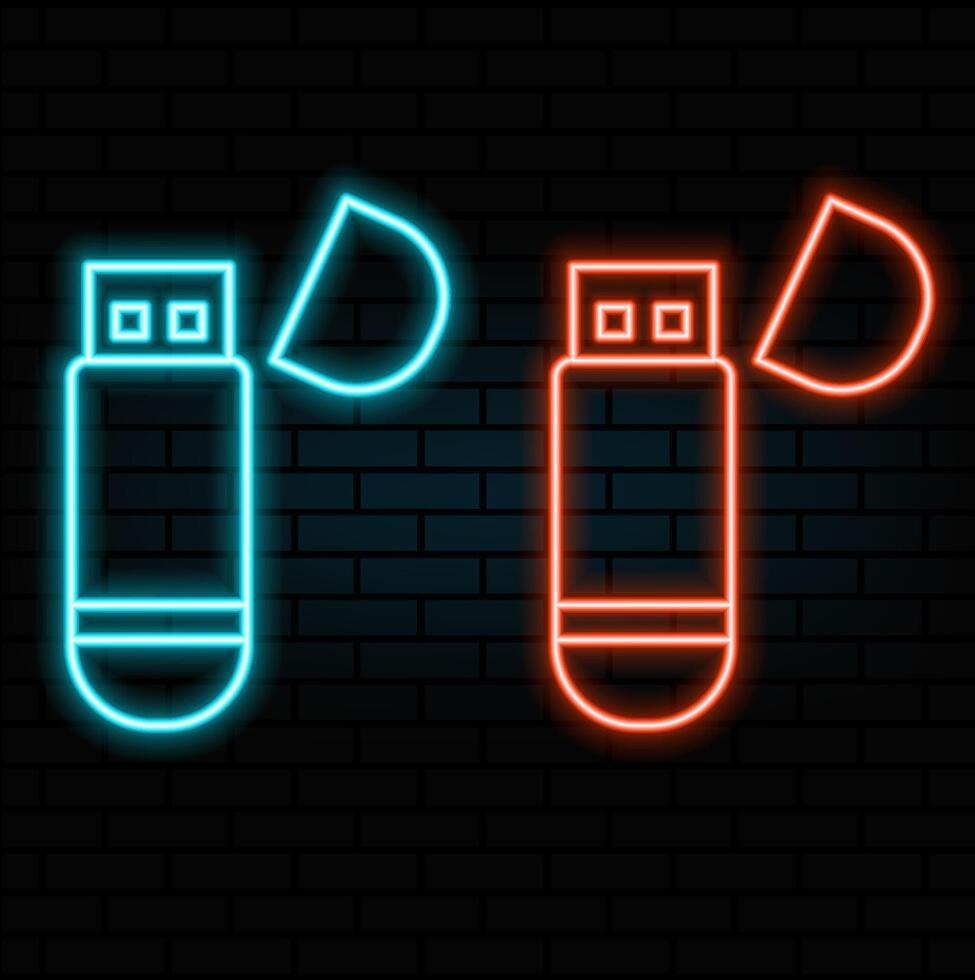USB flash drive sign. Cyan neon icon in the dark. Bluring. Luminescence. Illustration..orange vector