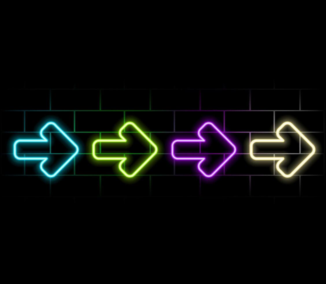 Neon right arrows colourful icons set. Realistic glowing pointers on transparent background. Location indicator for casino, bar, cinema, nightclub and motel, isolated symbol pack..green vector