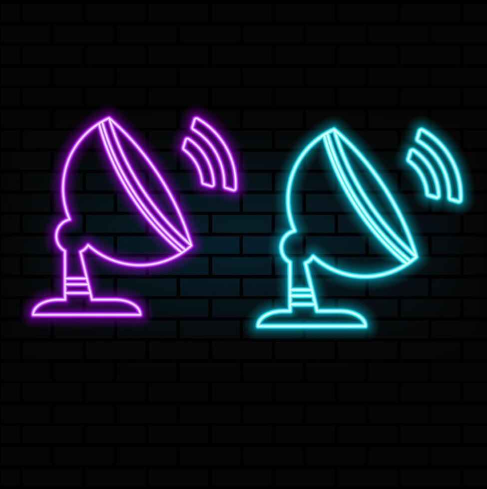 Outline neon satellite dish icon. Neon satellite dish antenna icon. Satellite television and internet connection, receiver and transmitter on black background..blue color vector