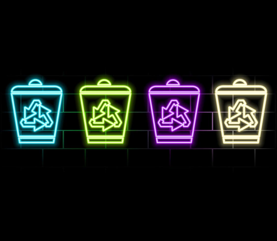 Glowing neon line Recycle bin with recycling symbol icon isolated on brick wall background. Recycle bin icon. Trash bin sign. Recycling basket sign. illustration.green vector