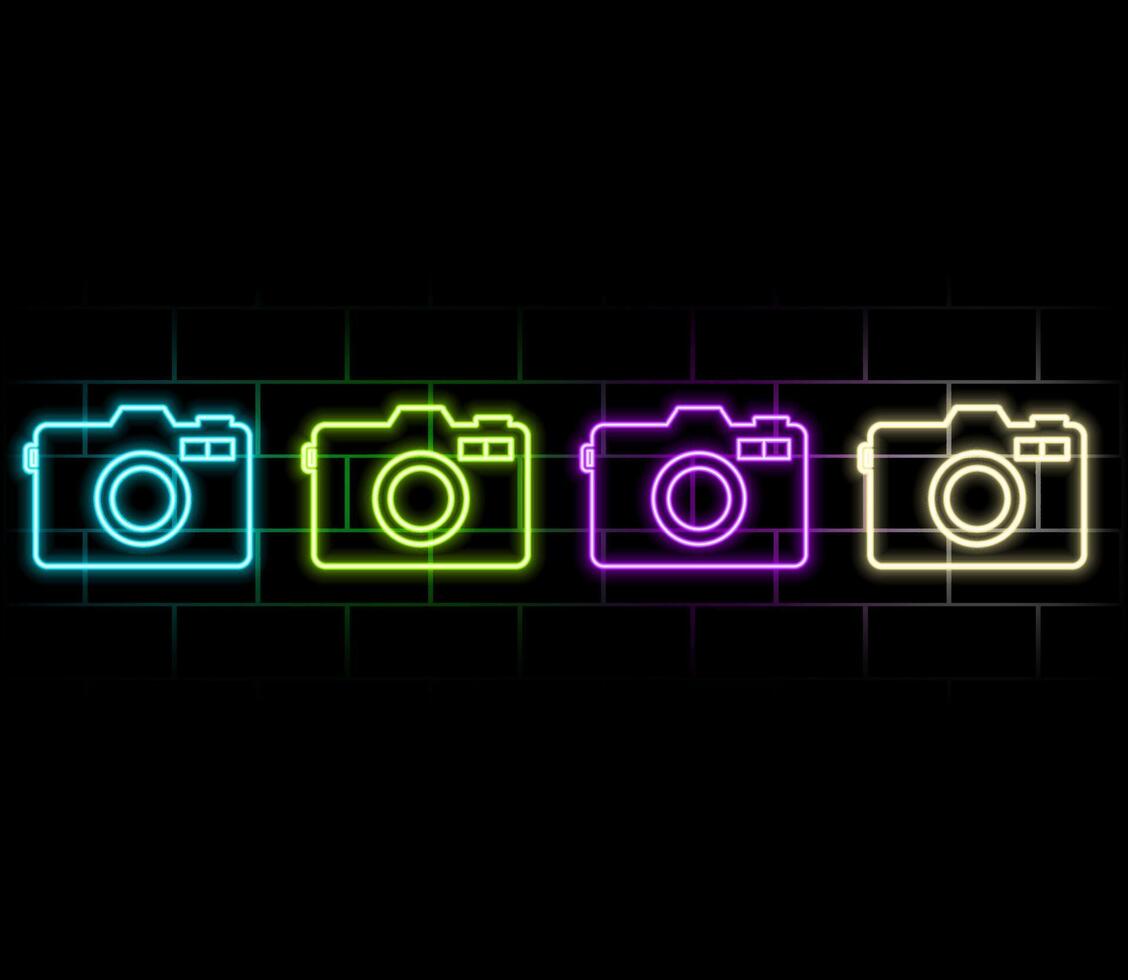 Photo Camera Neon Sign. Illustration of Photography Promotion..green vector