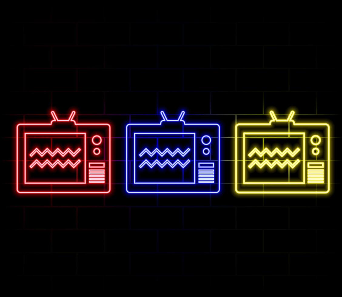 Glowing neon line Tv icon isolated on brick wall background. Television sign. Colorful outline concept. vector