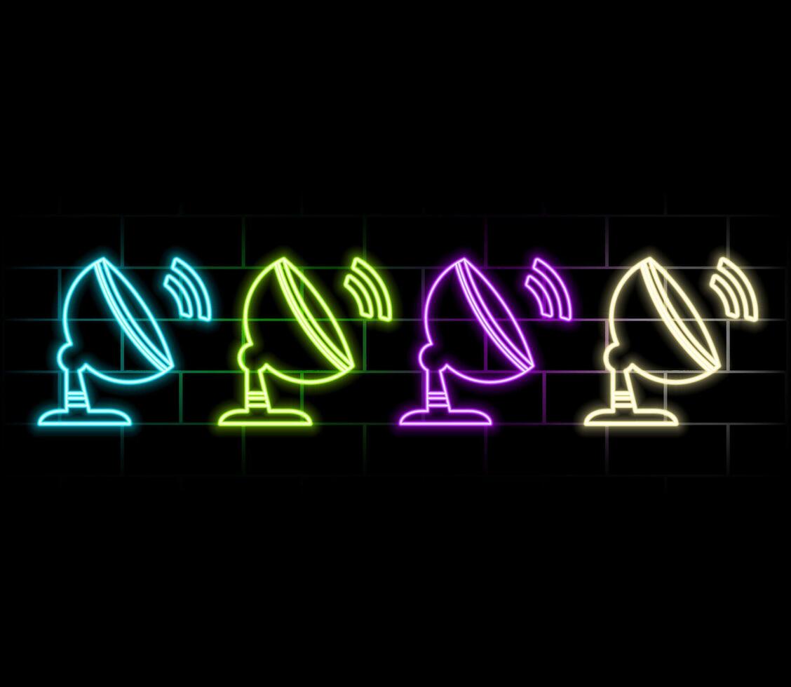 Outline neon satellite dish icon. Neon satellite dish antenna icon. Satellite television and internet connection, receiver and transmitter on black background..green vector