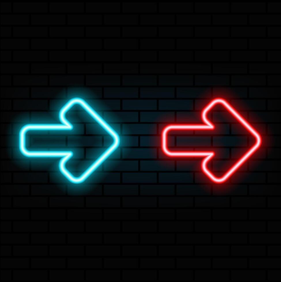 Neon right arrows colourful icons set. Realistic glowing pointers on transparent background. Location indicator for casino, bar, cinema, nightclub and motel, isolated symbol pack..red vector