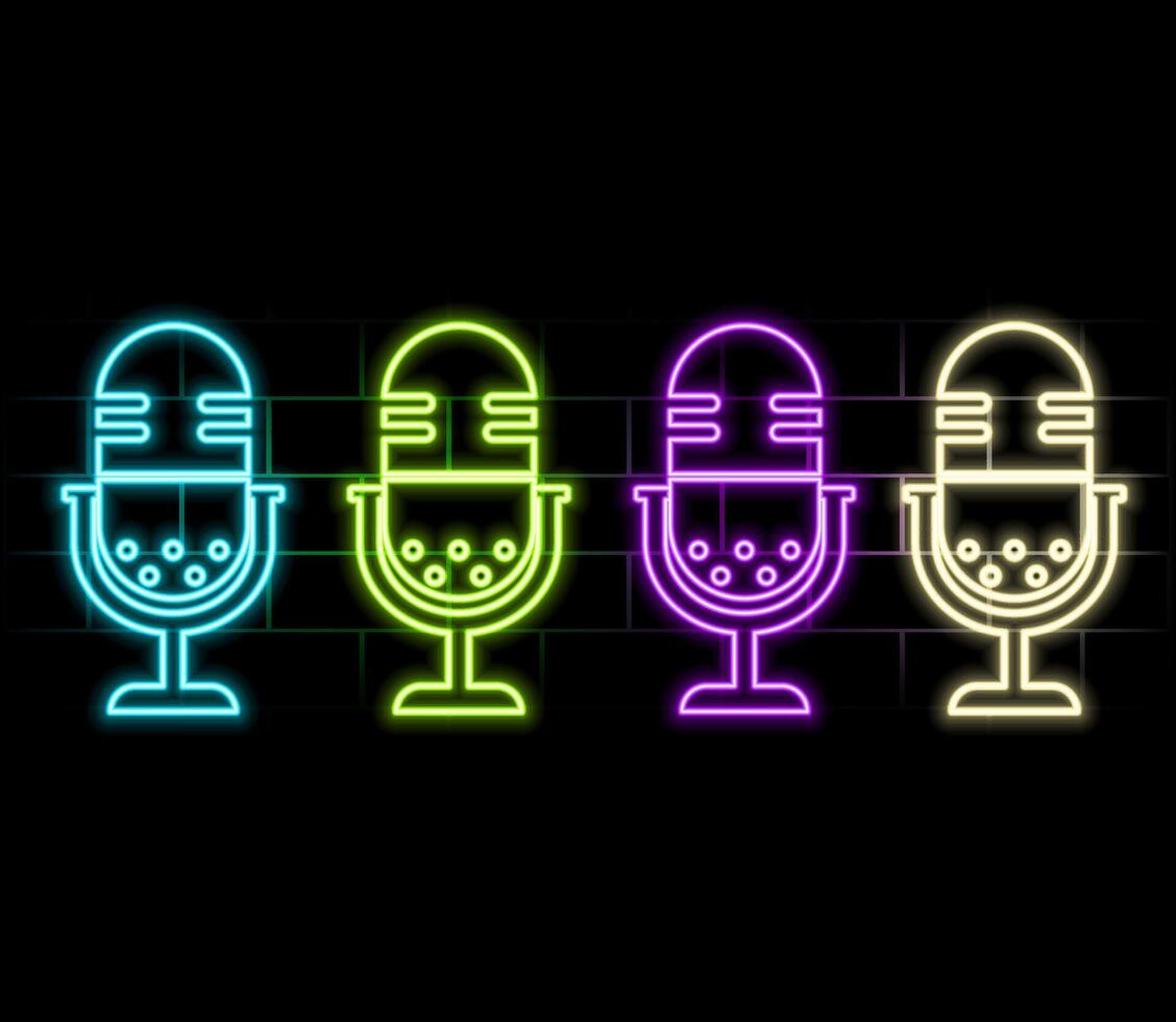 Neon Microphone sign. Glowing microphone icon for podcast, stand up or music show emblem. Retro mic in neon style. illustration..green vector