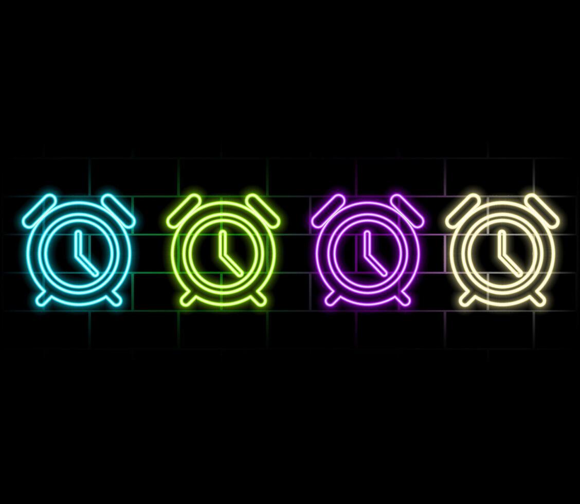 Alarm clock with bright glowing futuristic blue neon lights on black background. 3D icon, sign and symbol. Cartoon minimal style. 3D render illustration.green vector