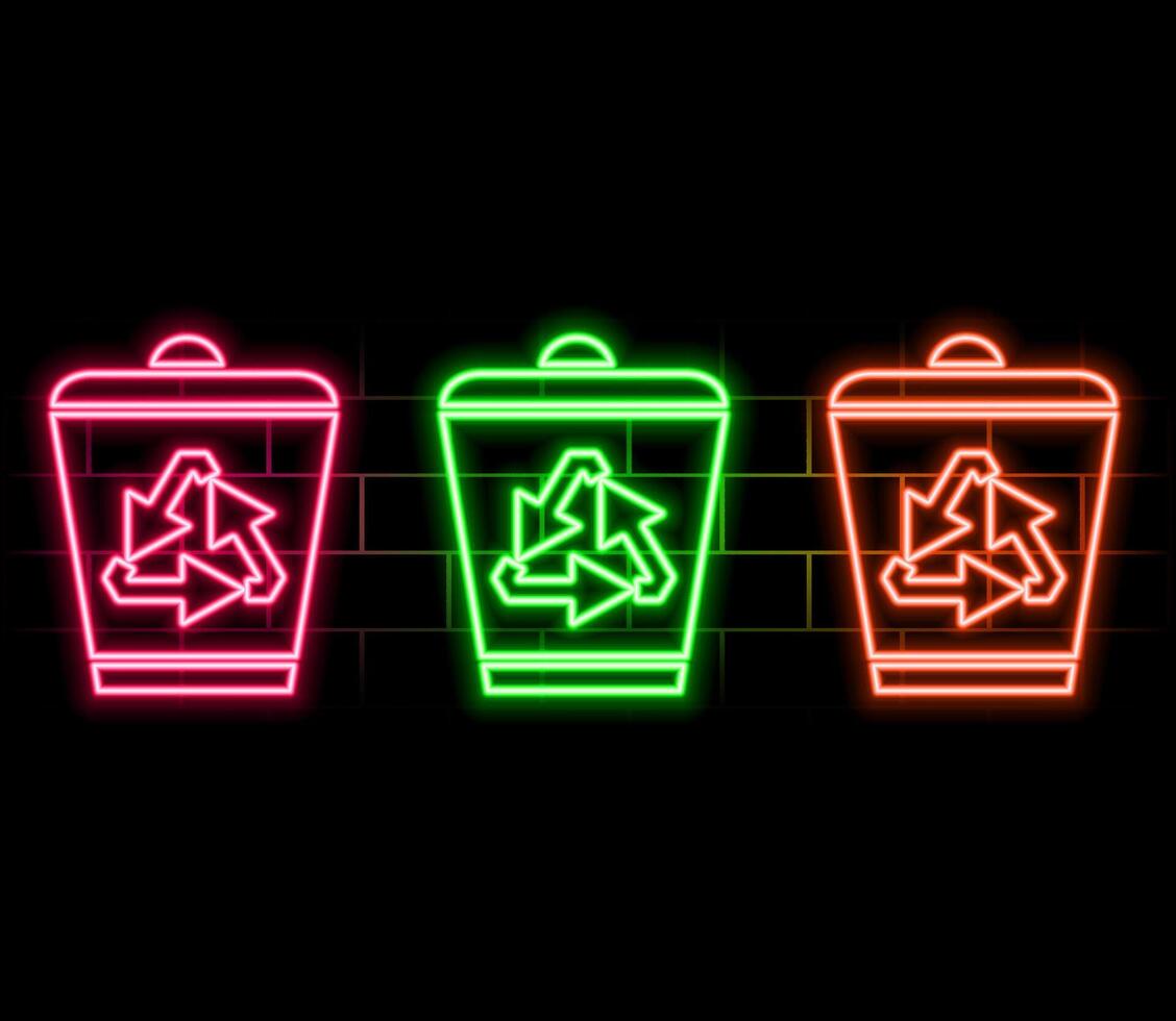 Glowing neon line Recycle bin with recycling symbol icon isolated on brick wall background. Recycle bin icon. Trash bin sign. Recycling basket sign. illustration.pink vector
