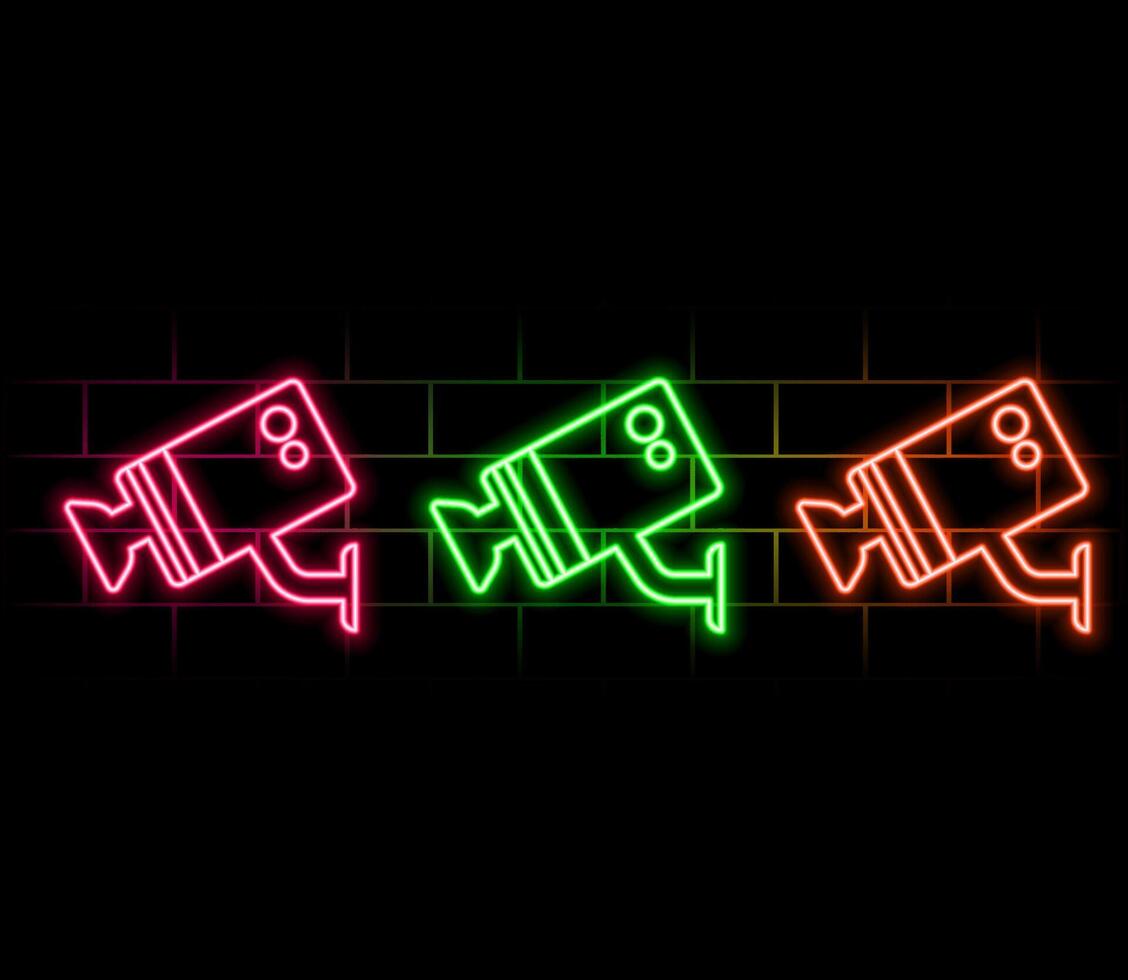 Neon sign of a camera on a stand. A luminous sign with equipment for the production of retro films. Night bright advertising. illustration in neon style for vintage films, filmmaking..pink vector