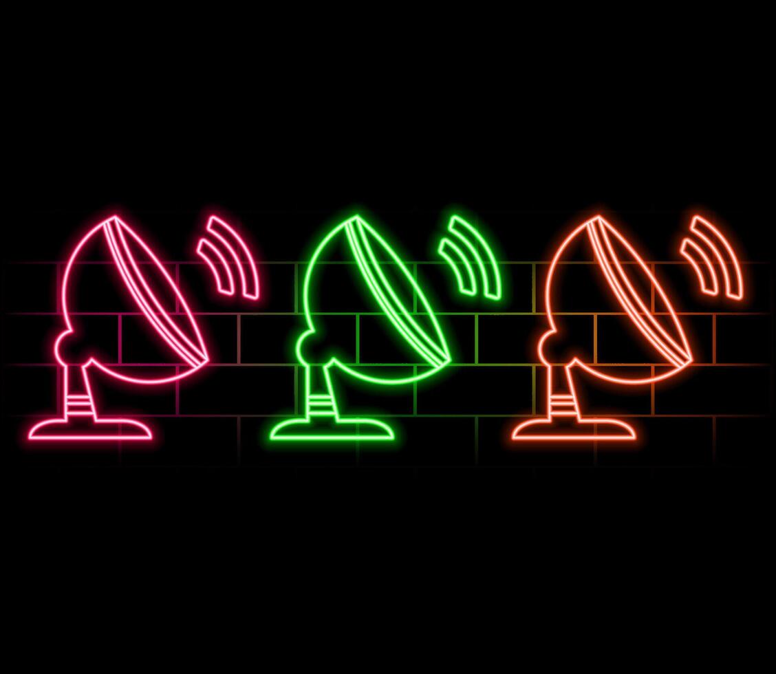 Outline neon satellite dish icon. Neon satellite dish antenna icon. Satellite television and internet connection, receiver and transmitter on black background..pink vector