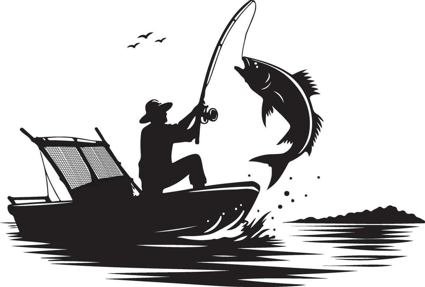 Silhouette of a fisherman with trout Fishing, triumphant pose,isolated on white background vector
