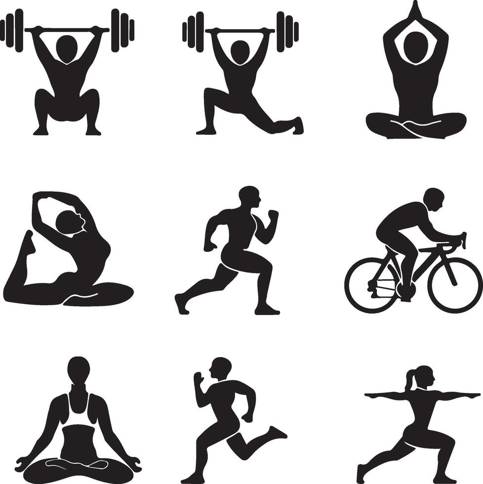 Muscle bound man lifting weights,Assorted Sports,Stretch Poses Silhouette vector