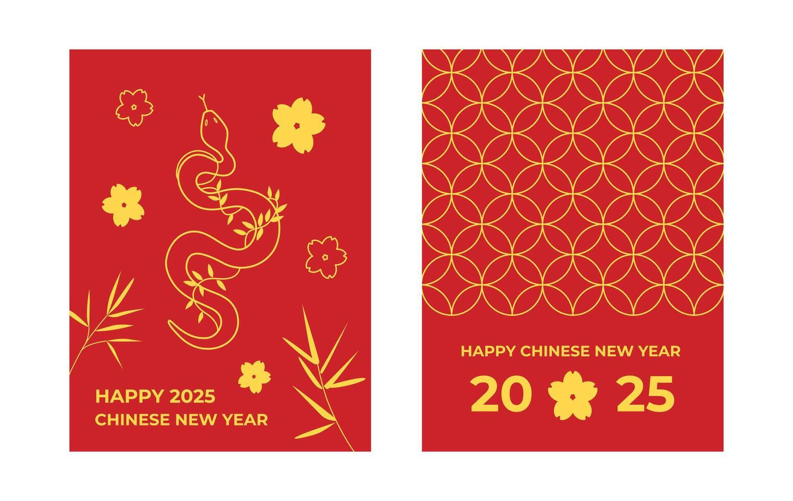 Chinese 2025 new year greeting cards. Chinese spring festival greeting cards. 2025 year of the snake. Floral geometric and Asian ornament. Chinese lunar new year banners, backgrounds, flyers. vector