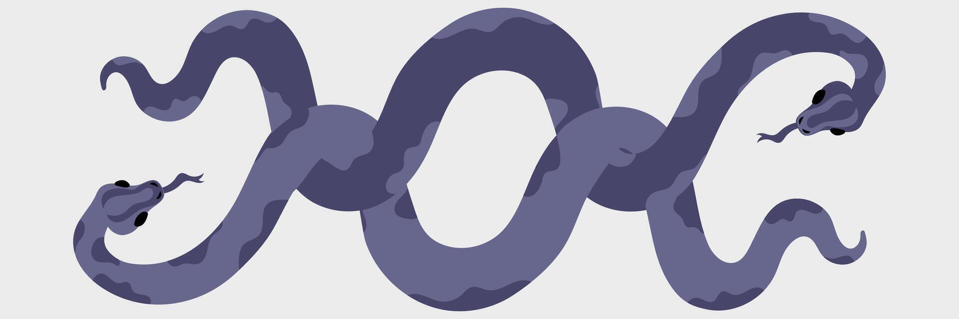 Two snakes are intertwined with modern geometric patterns of snakeskin in shades of future twilight. Minimalistic flat design with dark background. Animals top view isolated in shades of blue. 2025 vector