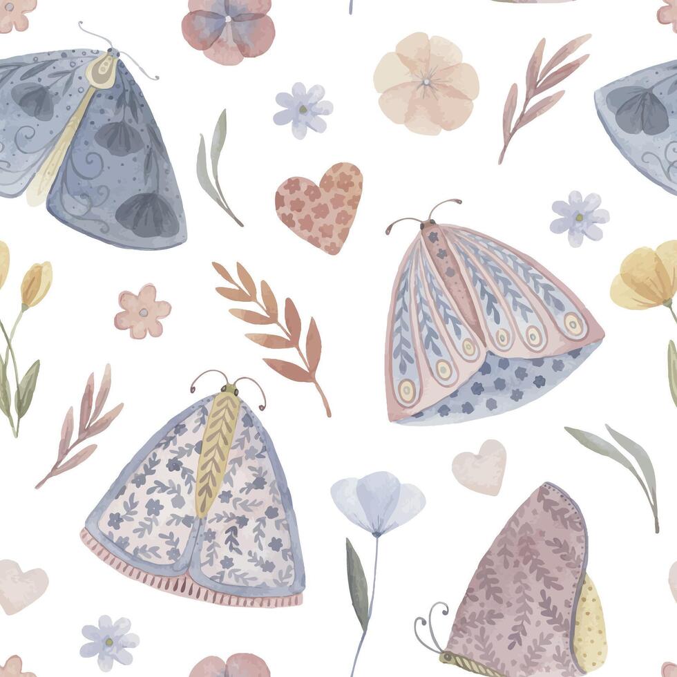 Boho Butterfly seamless pattern with flower and heart on the white background. Hand drawn watercolor charming aesthetic illustration in soft pastel colors for baby nursery decor designs. vector