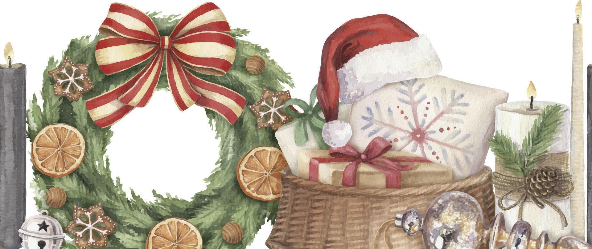 Christmas bottom seamless border of wicker basket with wrapped gifts and Santa hat. Hand drawn watercolor winter holiday illustration. Isolated drawing for Xmas tradition card designs. vector
