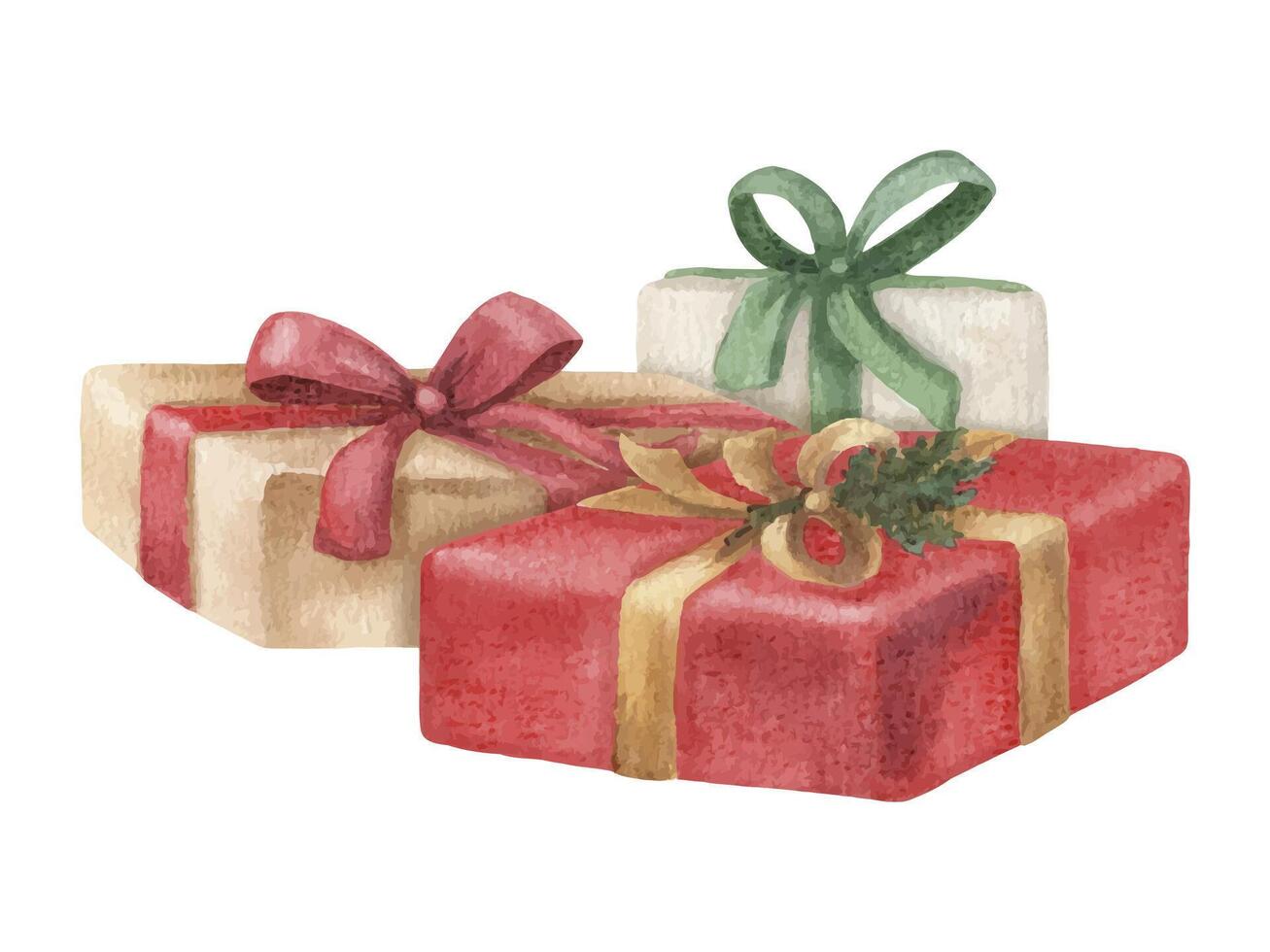 Christmas gifts wrapped with red and beige package with ribbon. Hand drawn watercolor illustration of home decor. Seasonal isolated drawing for tradition Xmas graphic and greeting card designs. vector