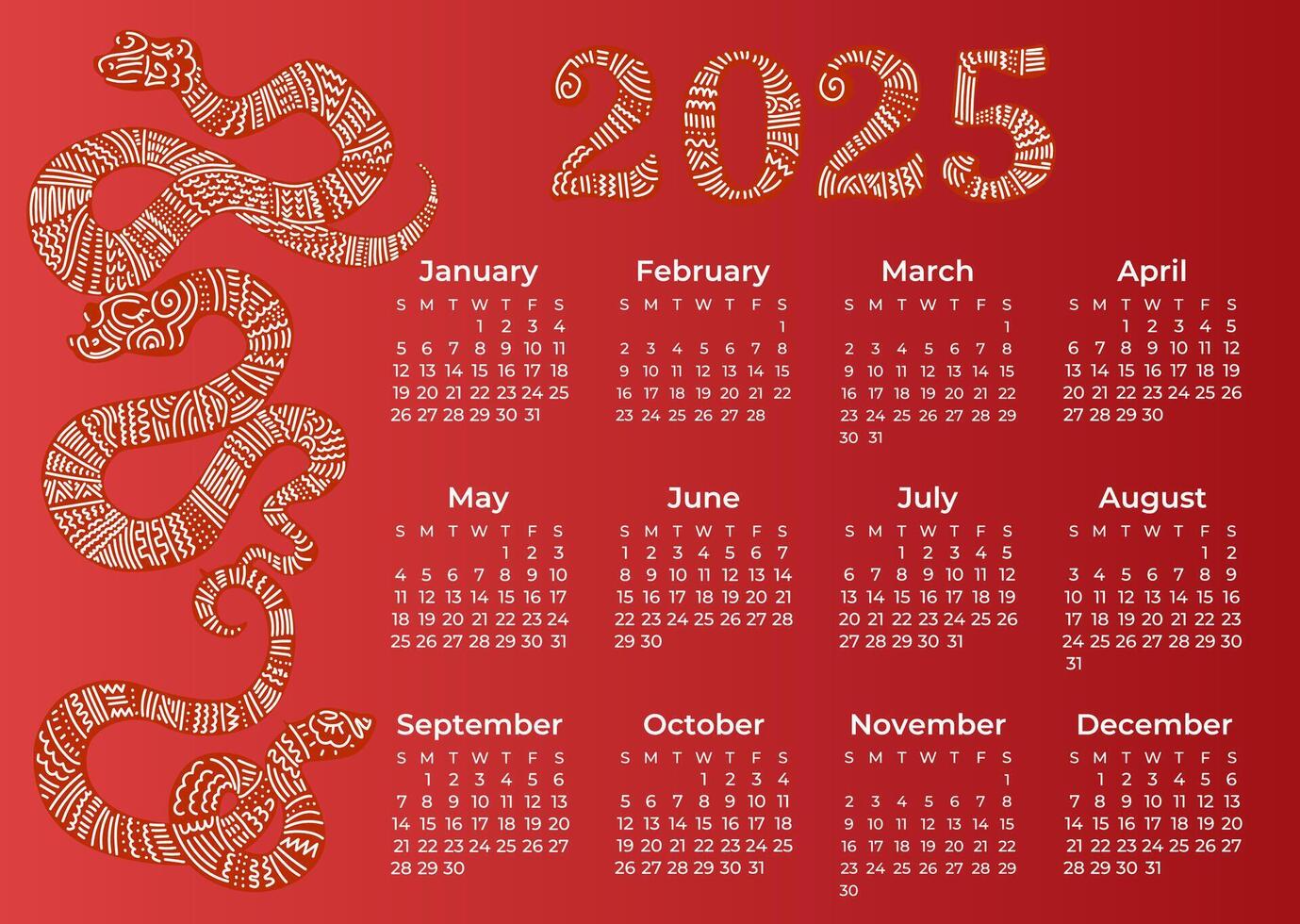 calendar 2025 with a snake, symbol of the year. illustrations. The week starts on Sunday. vector
