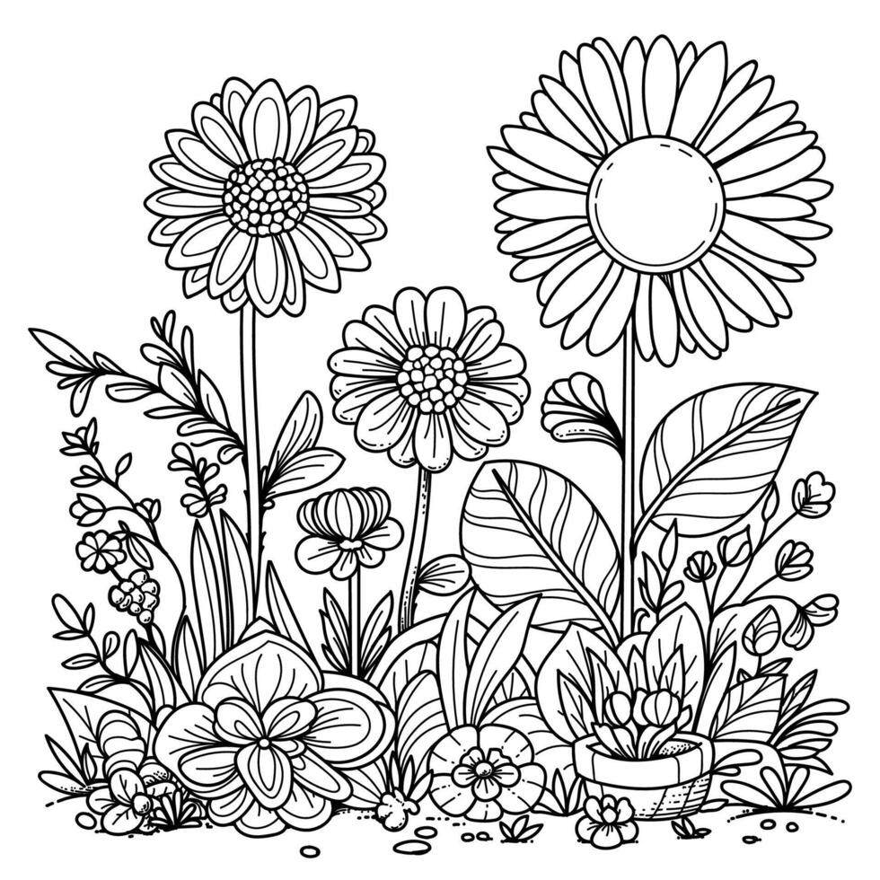 Sun flower line art. High detail of art coloring page. Black and white illustration. Fit for coloring book, cover, background, element, poster, banner. Eps 10. vector