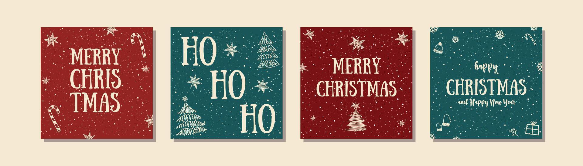 Winter Holidays square templates.Cute New Year greeting cards.Merry Christmas.Doodle elements gifts,hat,fir tree,candy and snow.Great for banners,wrapping.Background collection with place for text. vector