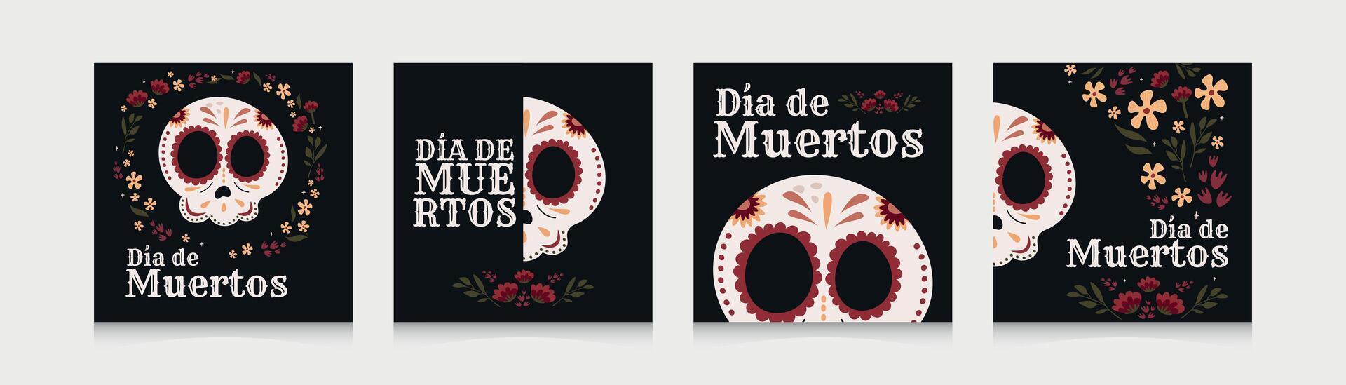 mexican Halloween sugar skulls.Dia de Muertos square templates.Postcard in honor of the Day of the Dead.Traditional music festival,fun bright characters.National hispanic heritage month banner vector