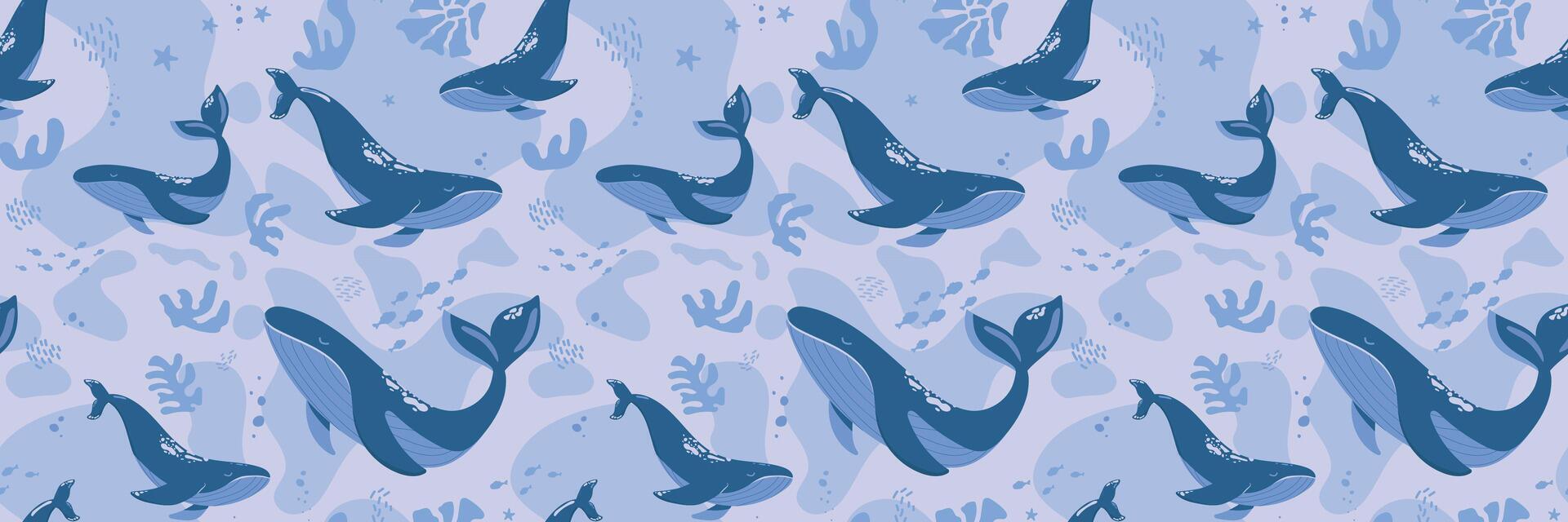 Hand drawn marine life. Seamless pattern with wild sea animals, seaweed and corals. Children's illustration on blue background. Cartoon whales and sperm whales bright colors. vector