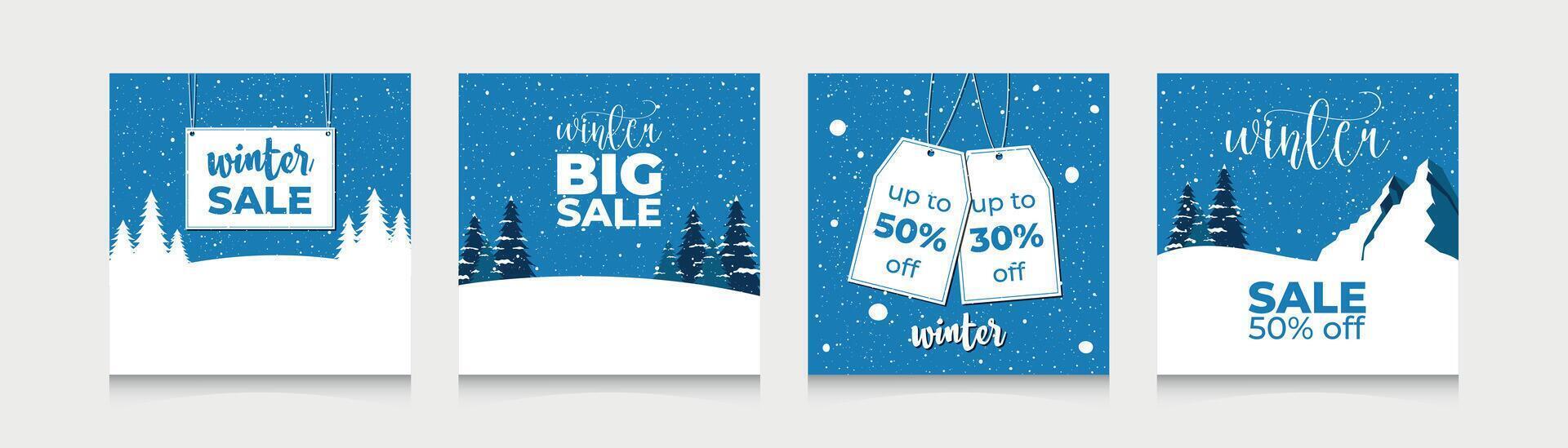 Winter Holidays square templates.New Year sale social media post.Suitable for mobile apps,banner,web internet ads.Christmas.Winter promotional labels card advertising special offers season collection. vector