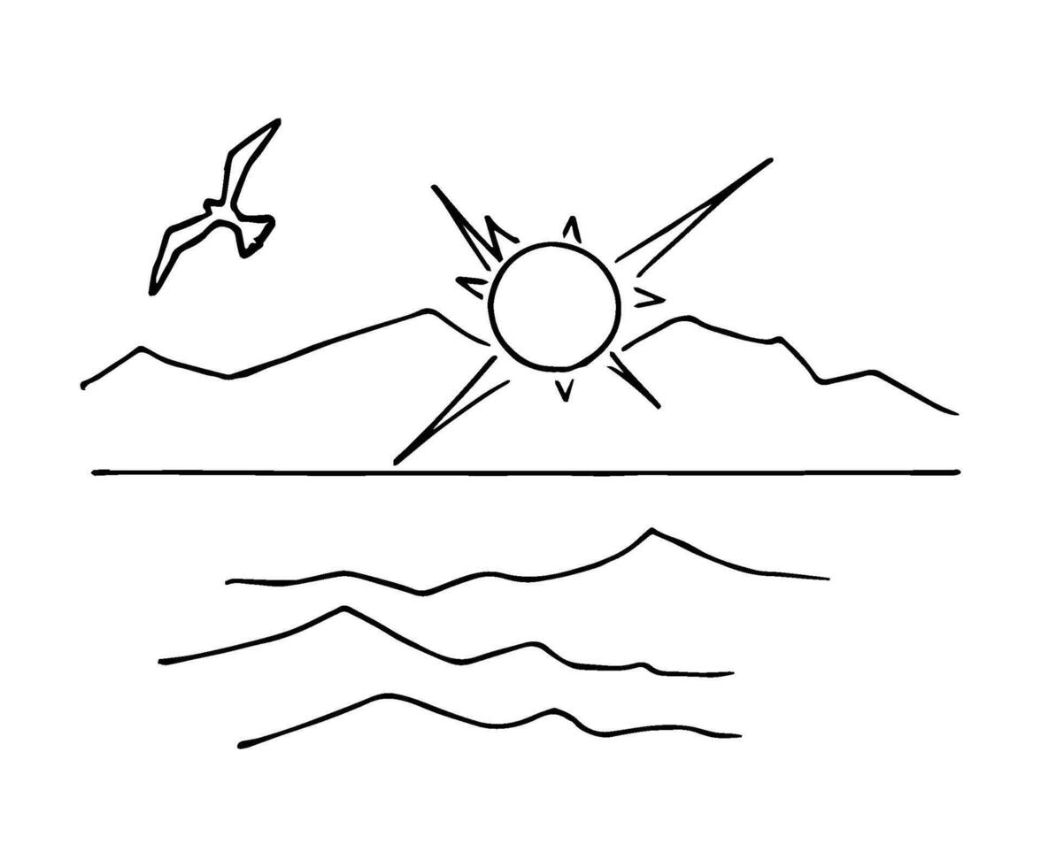 Simple hand drawn ink sketch. The rays of the sun, dawn, sunset, mountains on the horizon, sea waves, a seagull in the sky. Nature, summer landscape, relaxation, coloring book. vector
