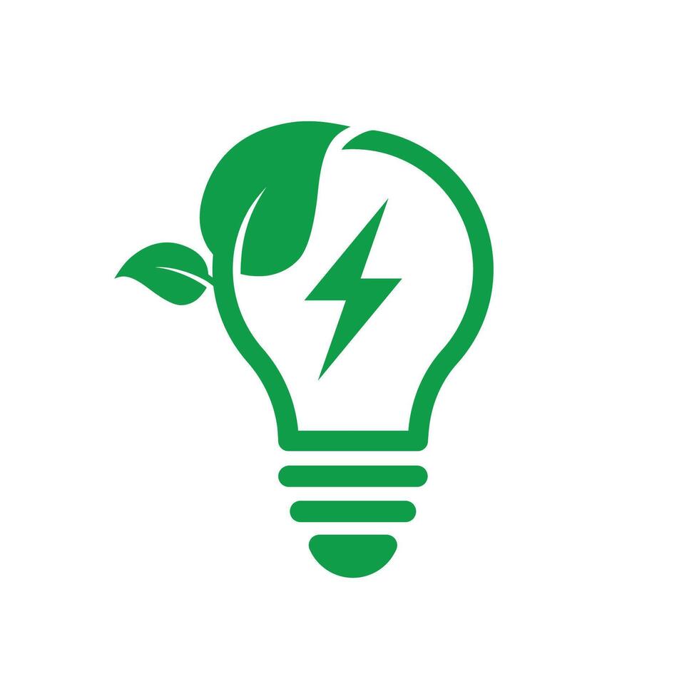 Green energy logo. Save energy symbol. Energy icon with green leaf. Incandescent electric light bulb with green leaves, symbol of clean energy, recycling, and nature conservation. vector