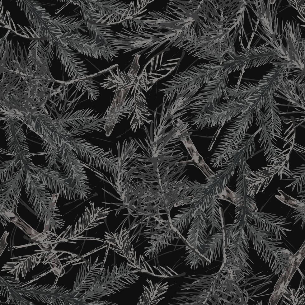 Seamless gray camouflage pattern with fir twigs with needles, dry sticks. Forest nature elements. For apparel, fabric, textile, sport goods. vector