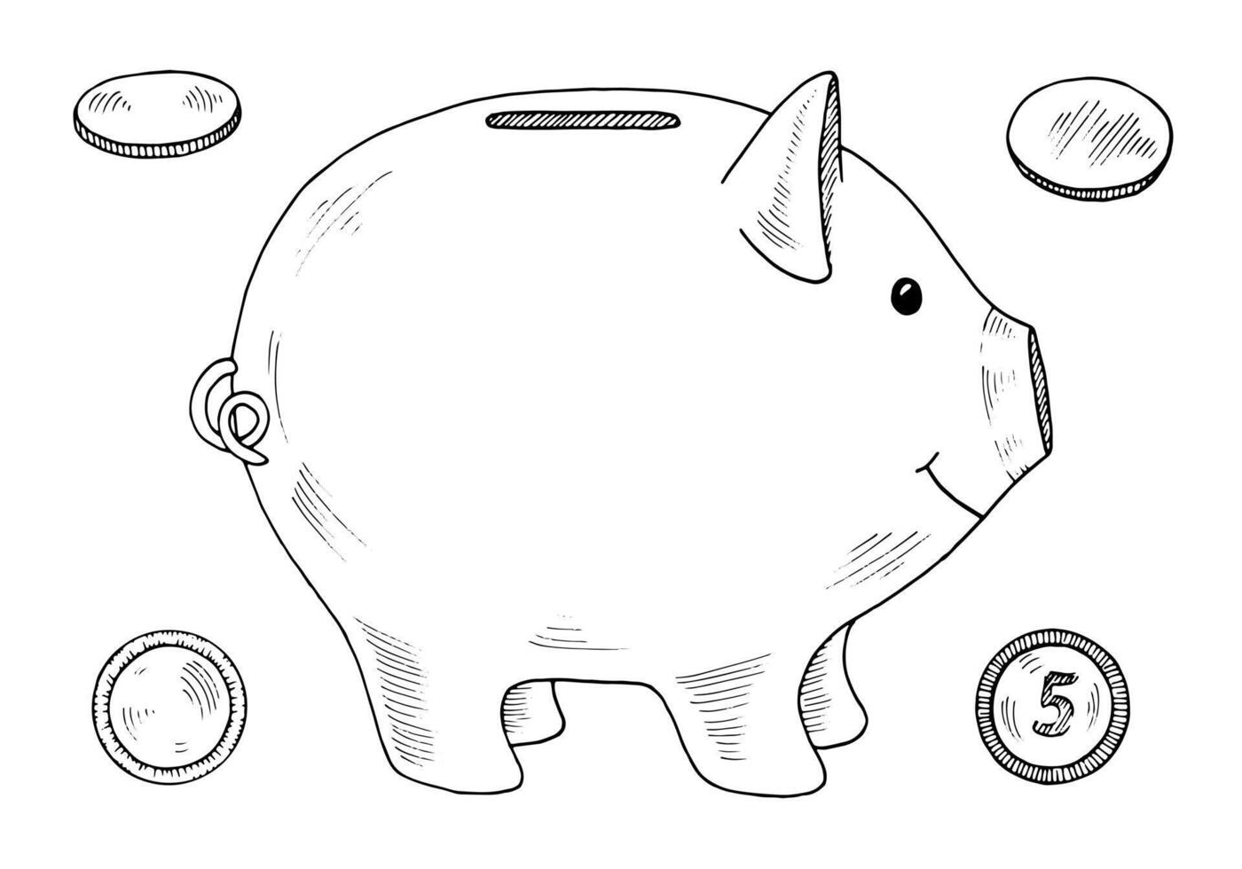 illustration of a piggy bank, for savings and budgeting themes. This hand drawn clipart features a moneybox for kids, coins like pennies, nickels, and quarters. The clean line art drawing vector