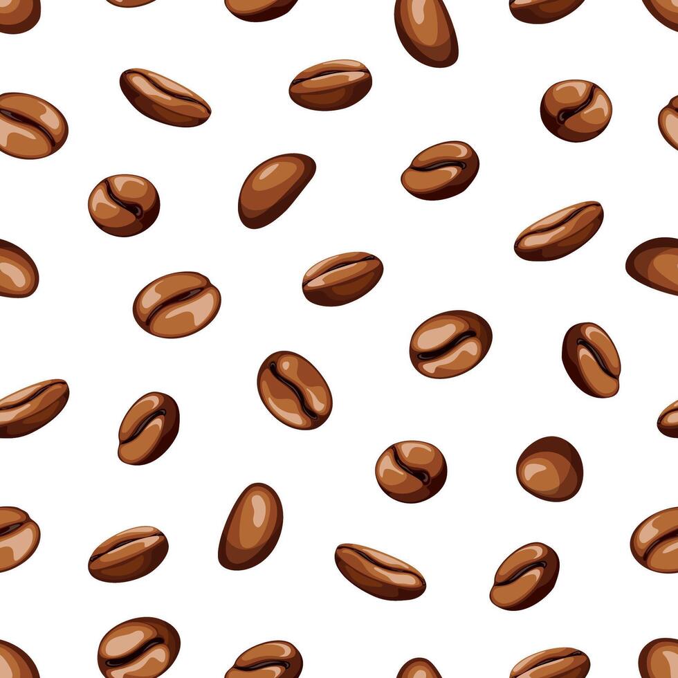 Seamless pattern of falling roasted coffee beans on a white background. Endless illustration for a restaurant or cafe. Realistic backdrop of arabica and robusta grains. vector