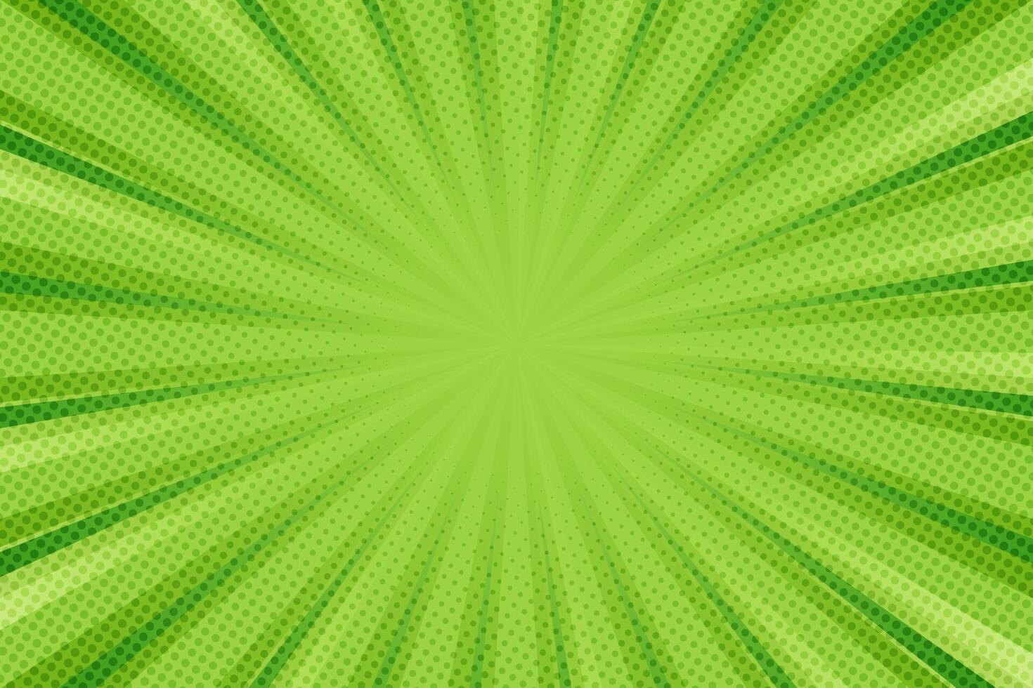 Pop art background for poster or book in green color. Radial rays backdrop with halftone effect in comics style design vector