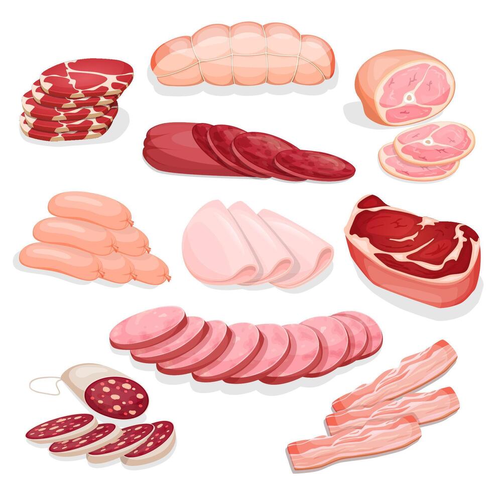 Collection of various delicious meat products. Set of different butchery meat including salami, prosciutto, pepperoni, ham, bacon and sausages. Cartoon style icon. Restaurant menu illustration. vector