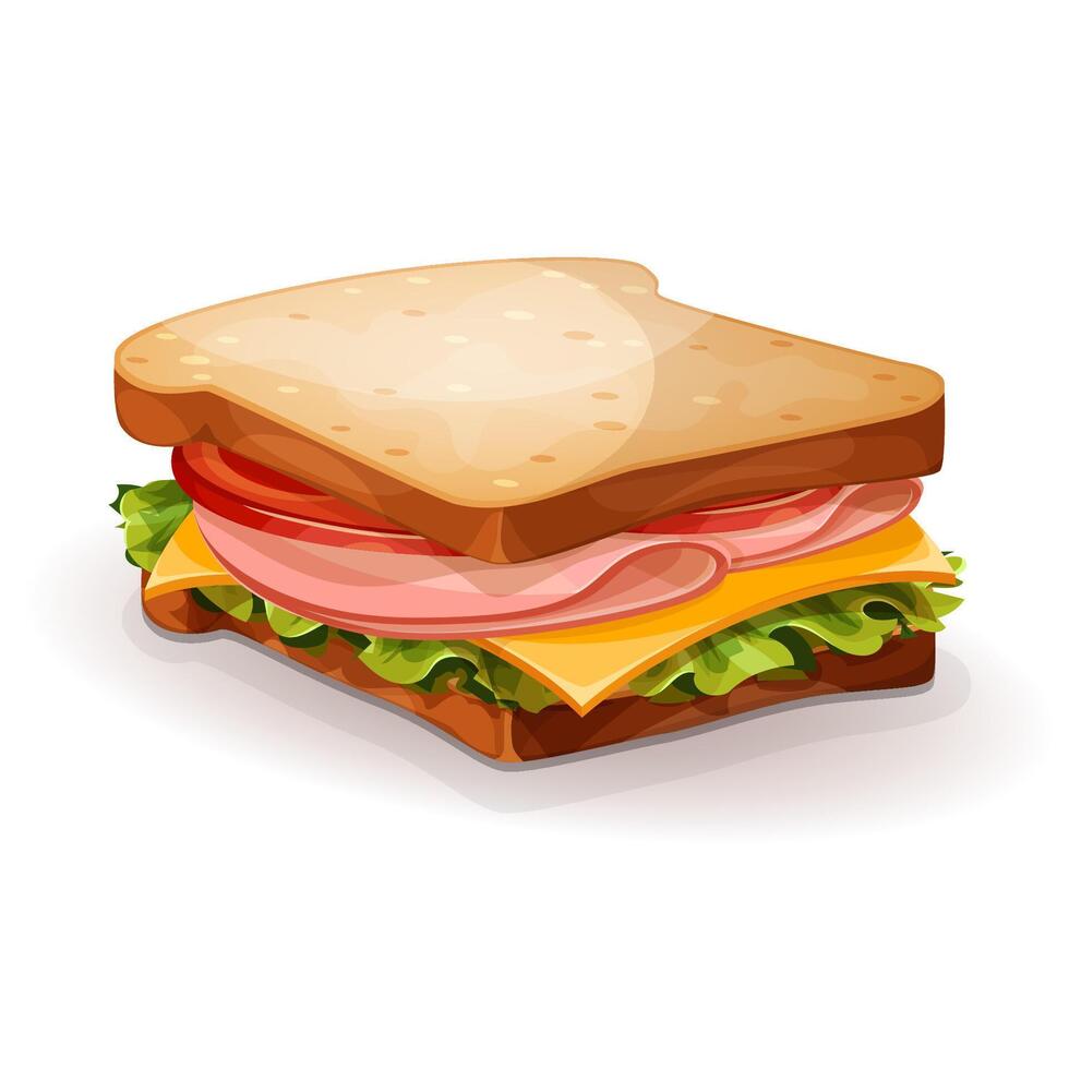 design of delicious sandwich with fresh lettuce, tomato, cheese and ham. Cartoon style icon. Restaurant menu illustration. vector