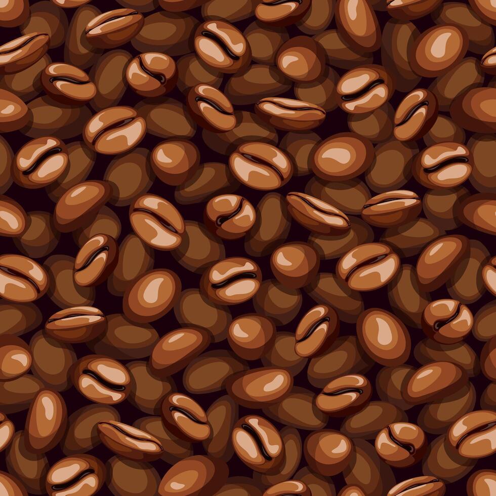 Seamless top view background of roasted coffee beans scattered over a flat surface. Realistic illustration for cafe and restaurant. Endless pattern. vector