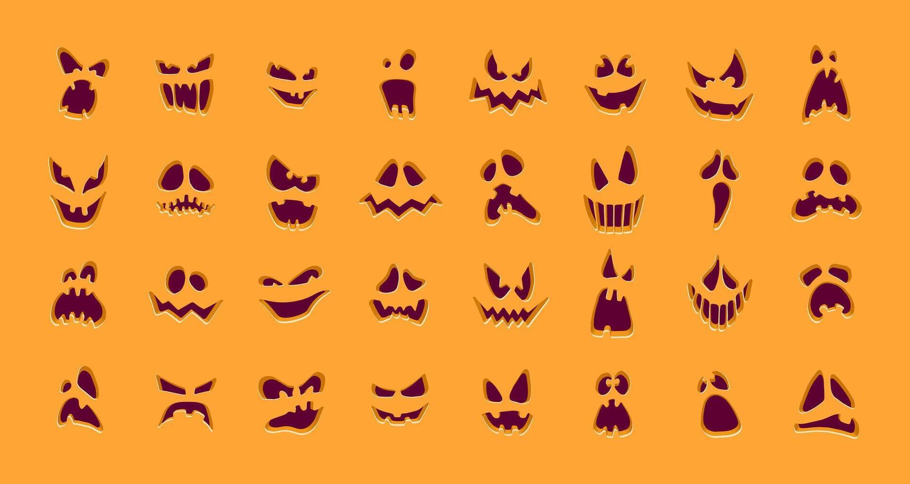 Halloween collection of pumpkin faces on orange background. Cartoon design of scary and smiling monsters and ghosts for jack-o- lantern cutting templates. Fall holiday spooky decoration set. vector