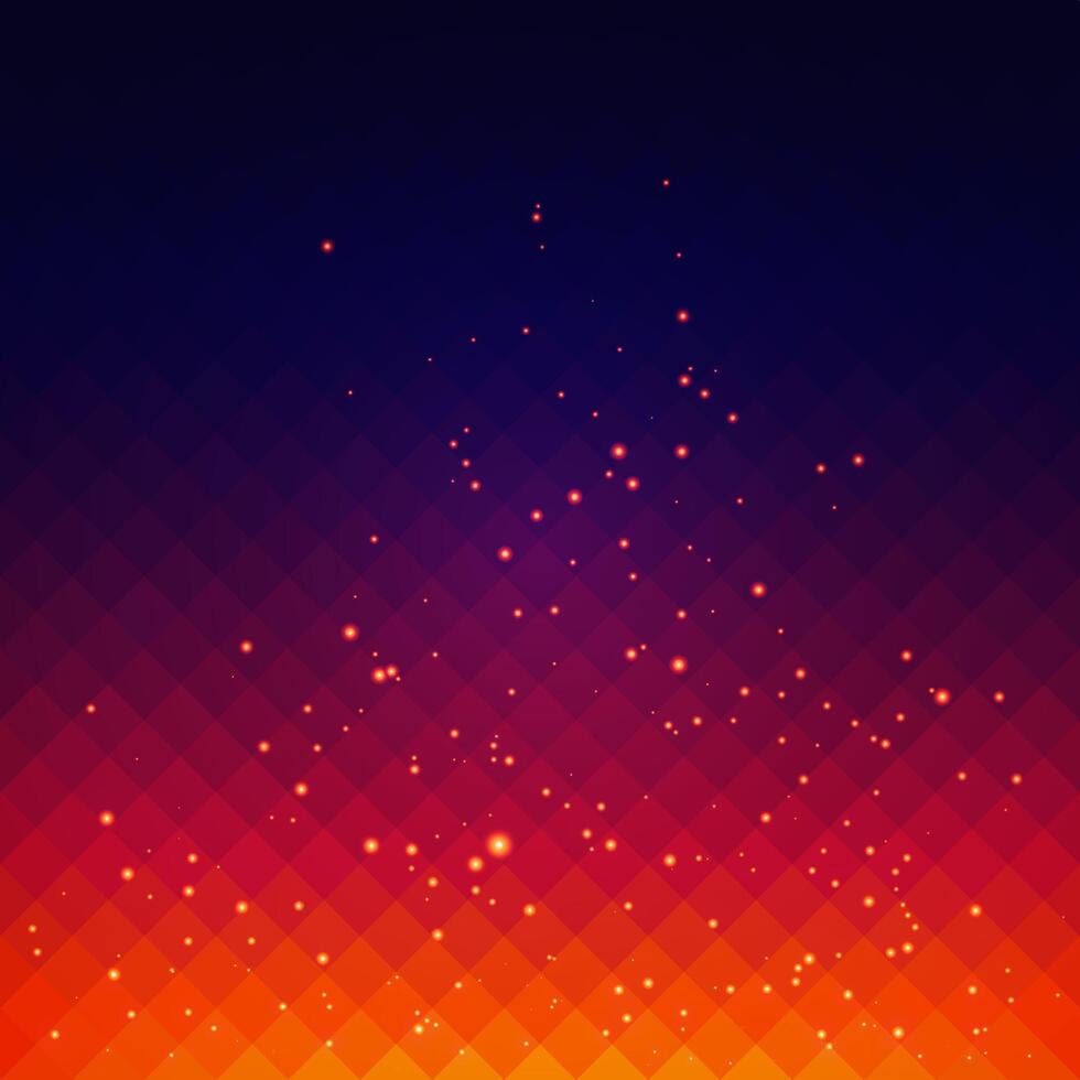 Abstract gradient background in bright shades with diamond grid pattern and fire sparks effect. Scattered glowing particles resembling fireflies or stars vector