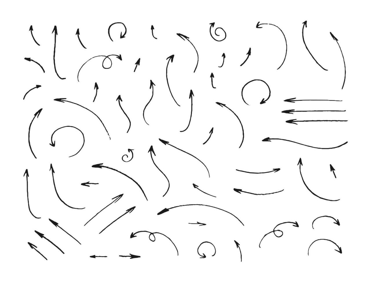 Set of various hand drawn arrows in simple sketch style isolated on white background. Grunge doodle pointers and direction marks collection. vector