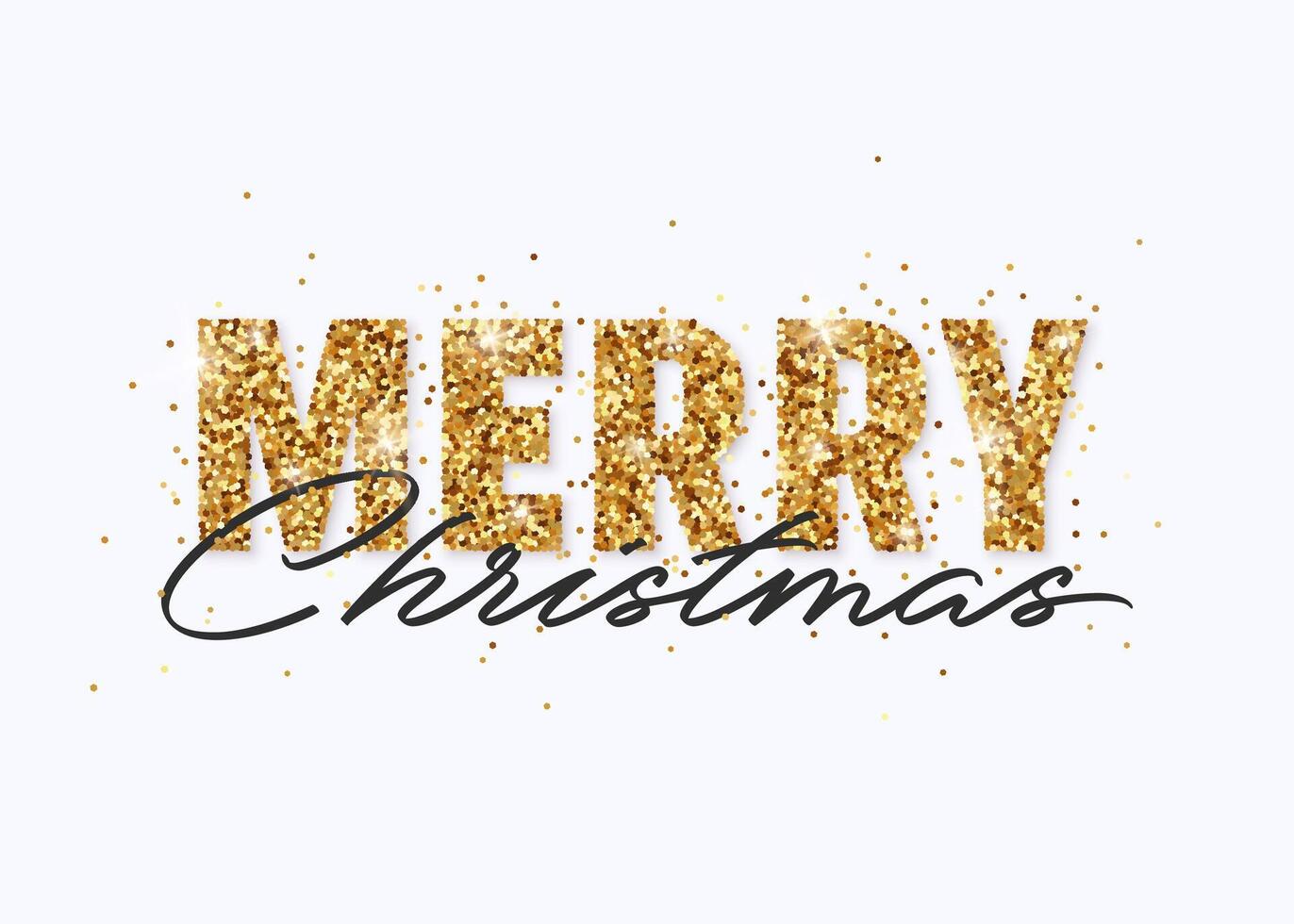 Merry Christmas gold glitter design for greeting card, festive poster, website header. Festive lettering with shining sparkling confetti. vector