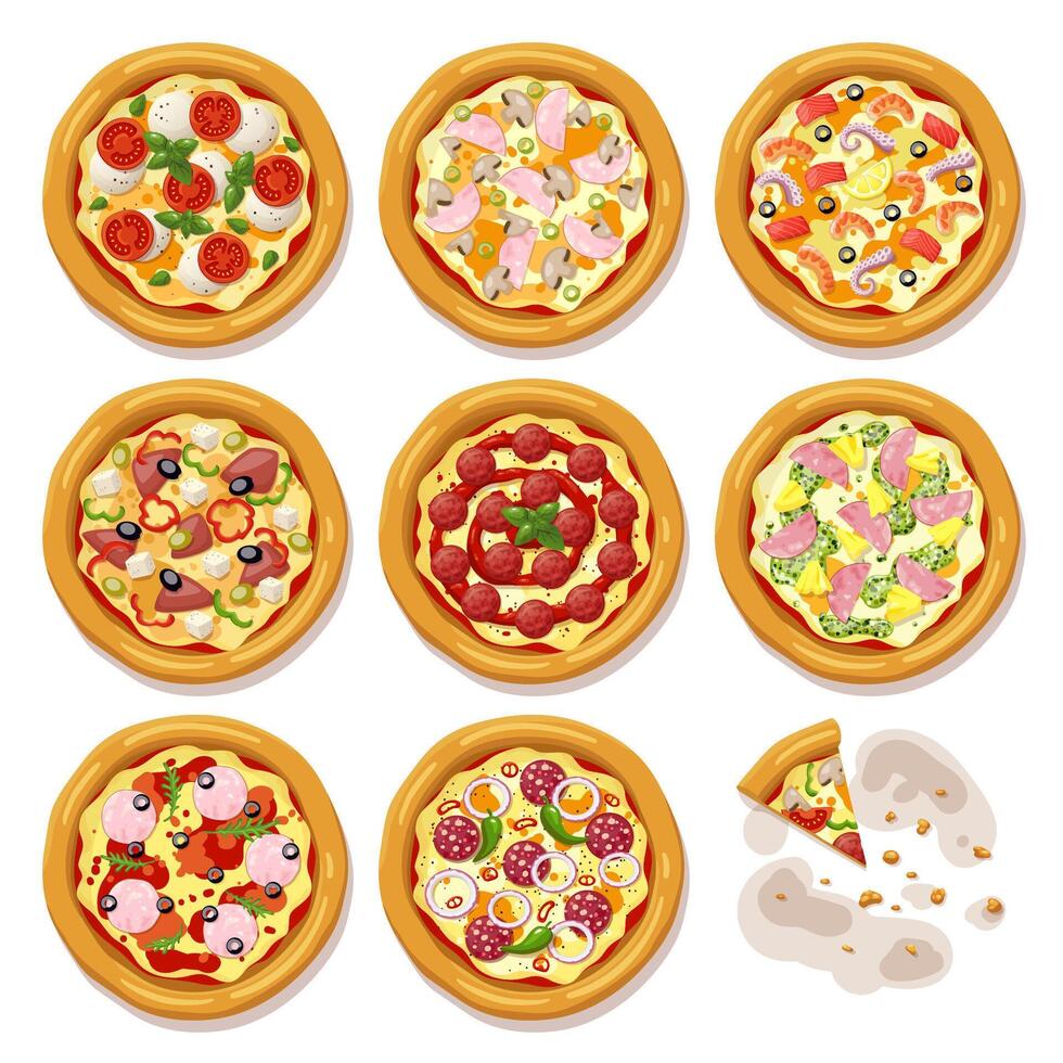 Various pizzas collection. Pizza set. Cartoon style icon. Restaurant menu illustration. vector