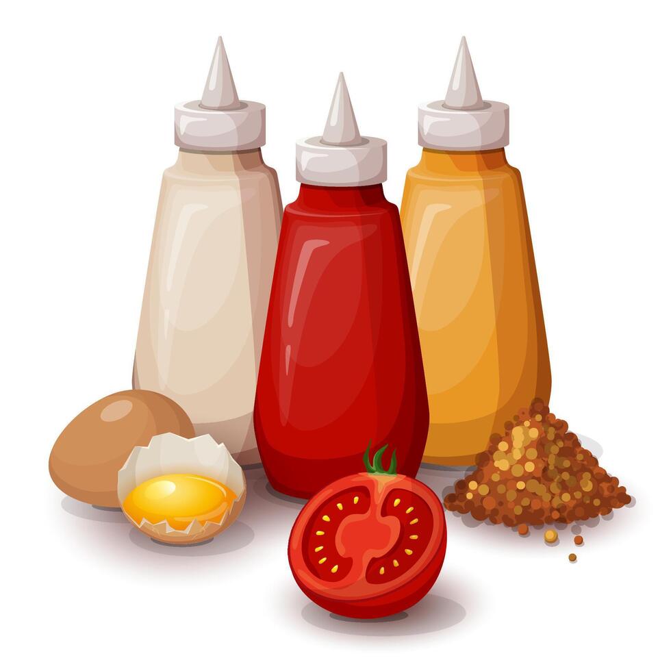 Set of delicious fast food sauces. Bottles collection of tomato ketchup, yellow mustard and mayonnaise. Cartoon style icon. Restaurant menu illustration. vector