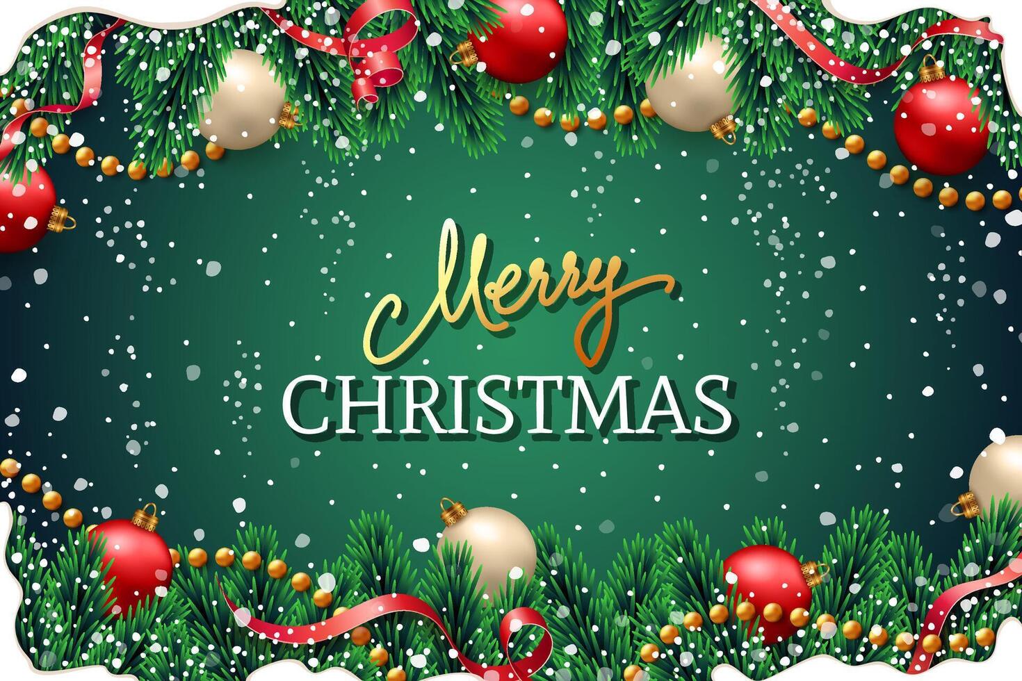 Merry Christmas banner with fir branches decorated with ribbons, red and gold balls, garlands and snow frames on green background. Festive design for Xmas posters, greeting cards, website headers vector
