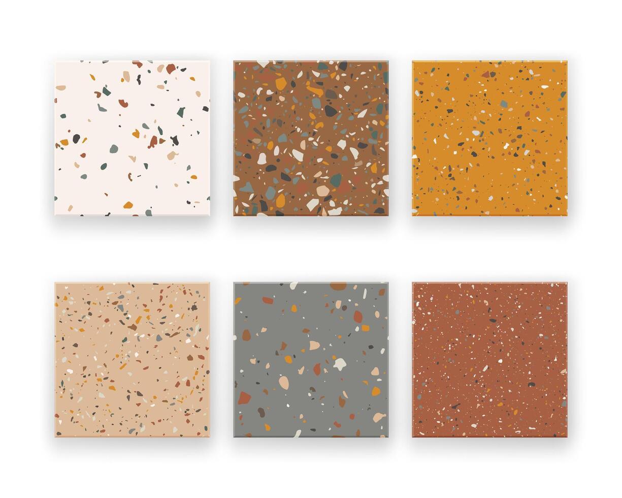A collection of six seamless terrazzo patterns in various earth tones. Abstract mosaic background with natural stone texture perfect for interior design, flooring, wallpaper or textile projects. vector