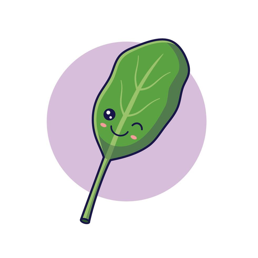 Fresh herbs concept. Cute Kawaii spinach leaf character. cartoon icon illustration. spinach character in doodle style. Isolated on white background. vector