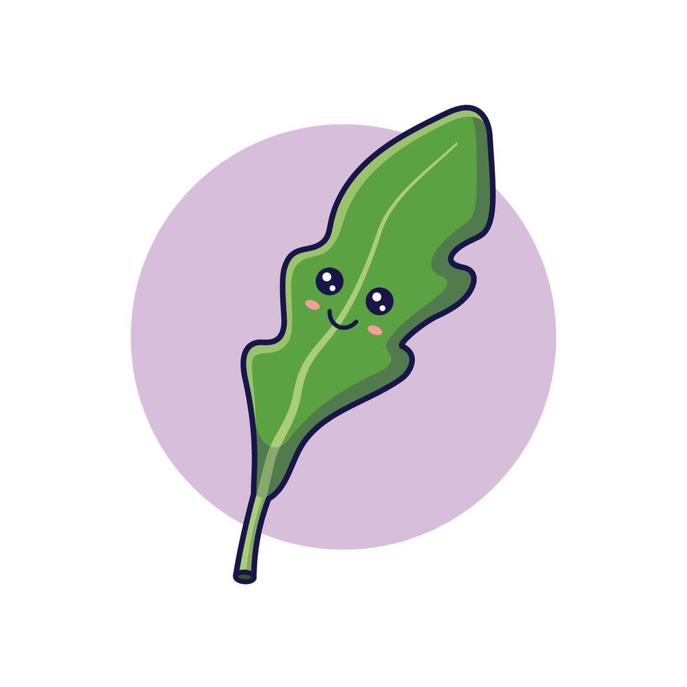 Fresh herbs concept. Cute Kawaii arugula leaf character. cartoon icon illustration. Arugula character in doodle style. Isolated on white background. vector