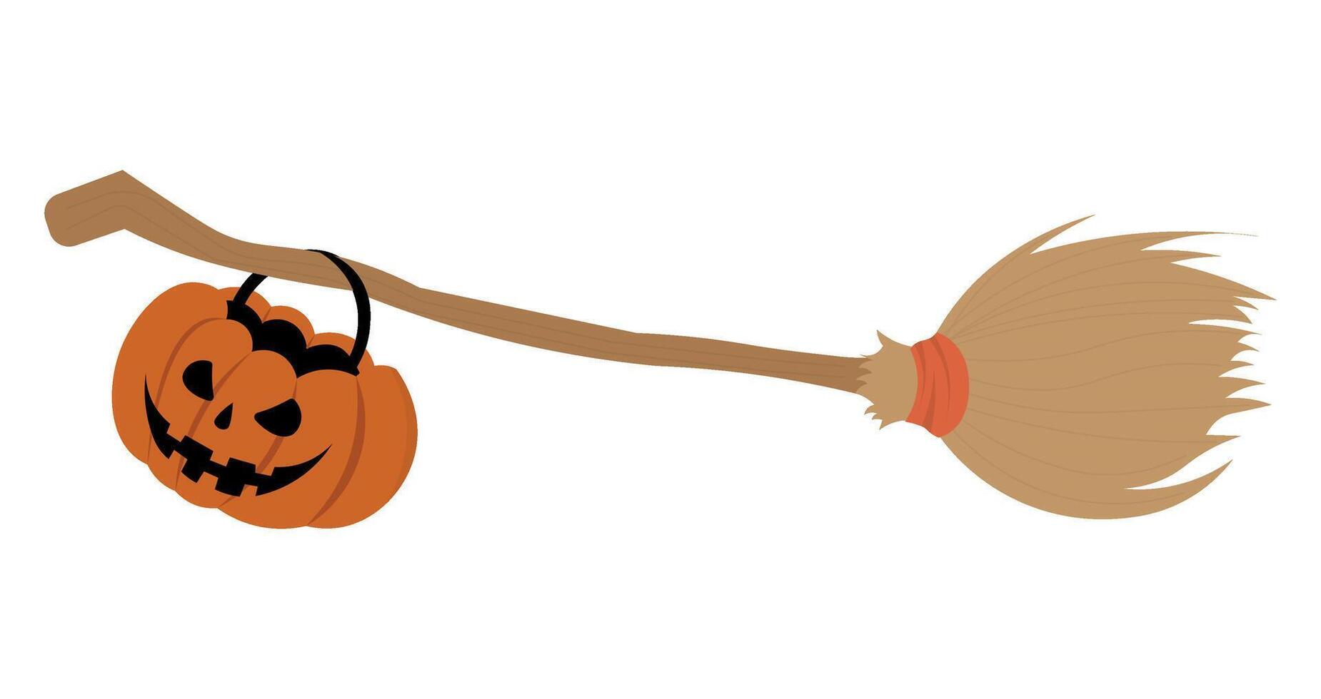Witch's broom with pumpkin candy bucket for Halloween vector