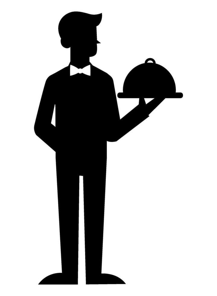 Waiter illustration, black and white silhouette vector