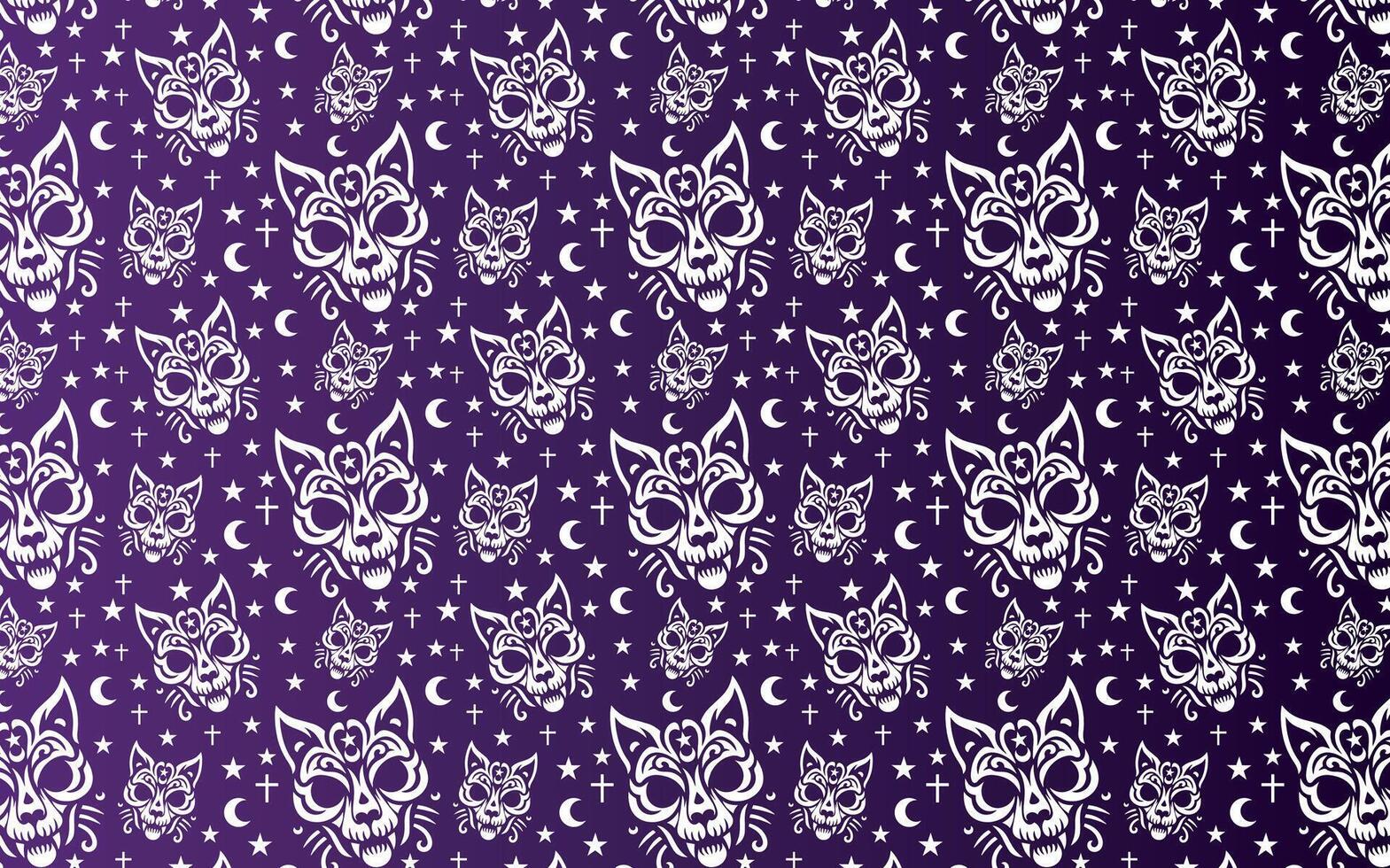 Cat, tiger, feline, tribal style, with moon and star, pattern in purple tones vector