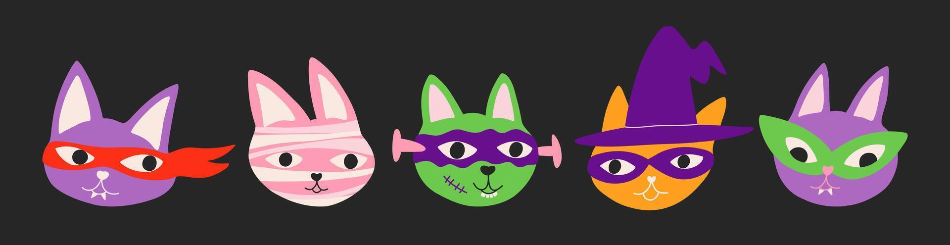 Set of Halloween cartoon cute cats in costumes. Hand drawn illustration with cartoon elements for sticker, banner. vector